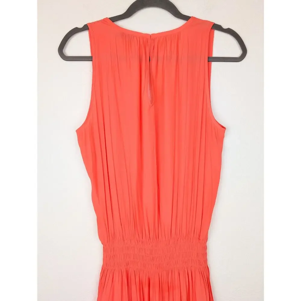 Ramy Brook Edenn Midi Dress Tiered Smocked Boho Keyhole Coral Pink Orange Size S